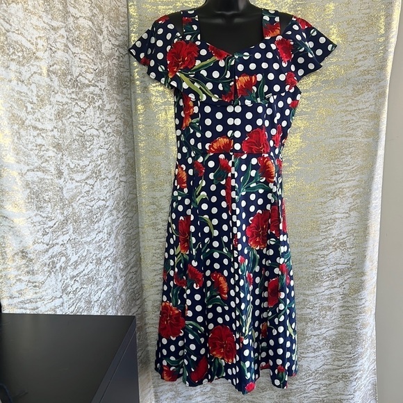 Vintage🧚‍♀️House Of Chihera Floaty Sleeve Polka Dot Rose Print Dress SizeM - Picture 3 of 14